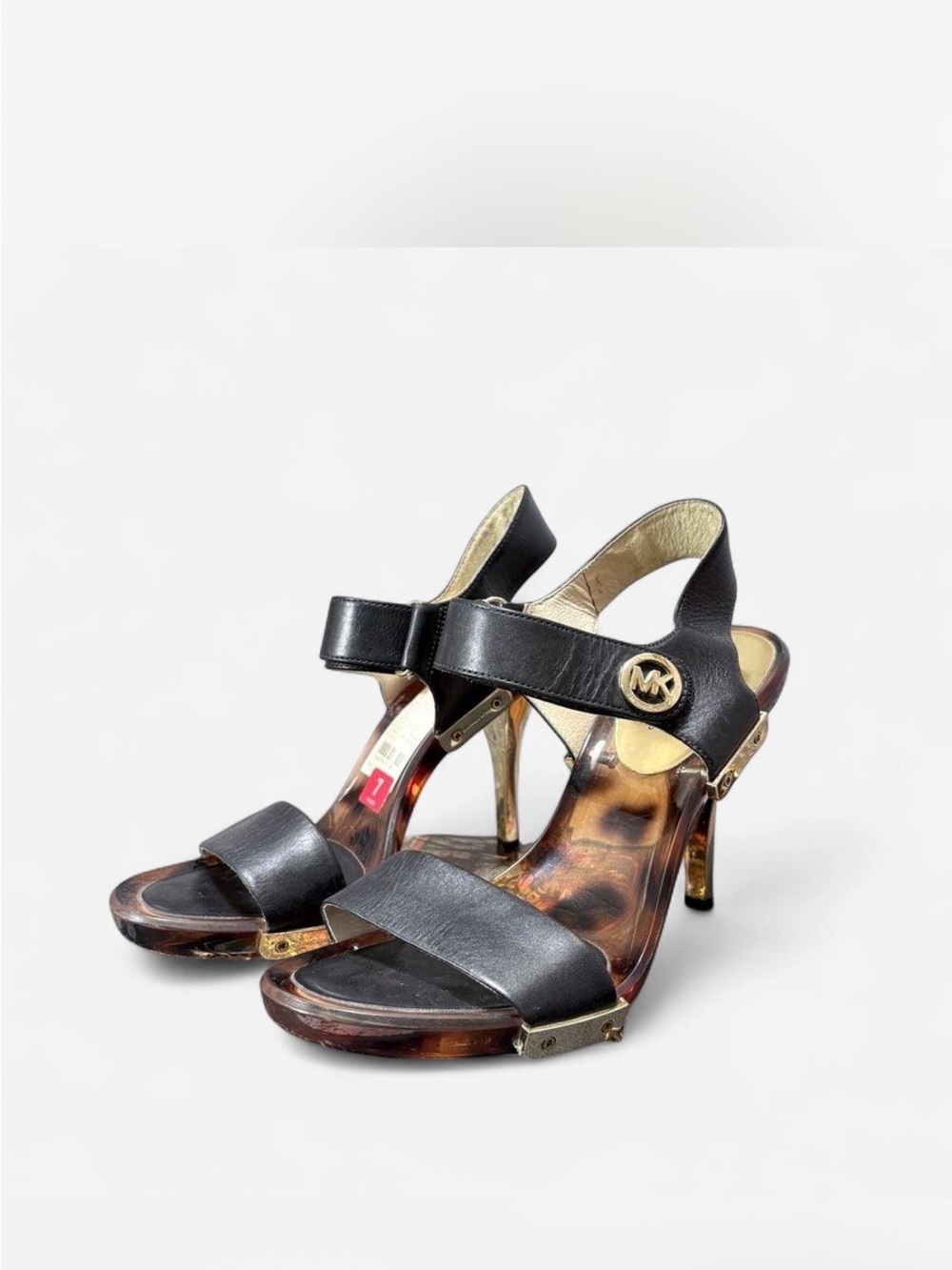 MICHAEL Michael Kors Black Leather Tortoiseshell-Trim Heeled Sandals